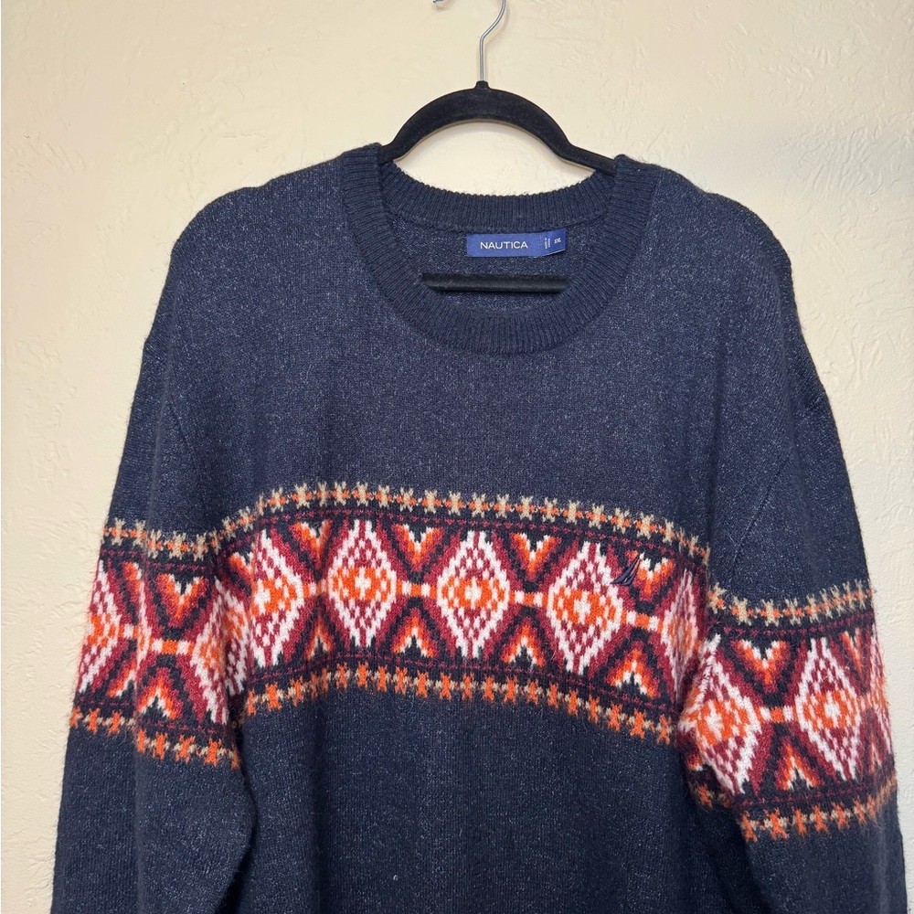 Nautica Men's Dark Blue Sweater with Red and Orange Design